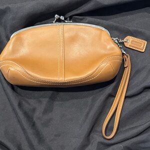 Coach Saddle Brown Leather Kiss-Lock Wristlet Clutch